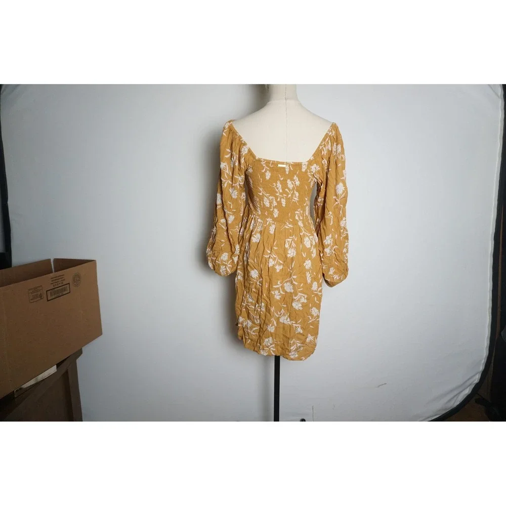 Billabong Mustard Yellow Floral Smocked Mini Dress Long Puff Sleeve Medium